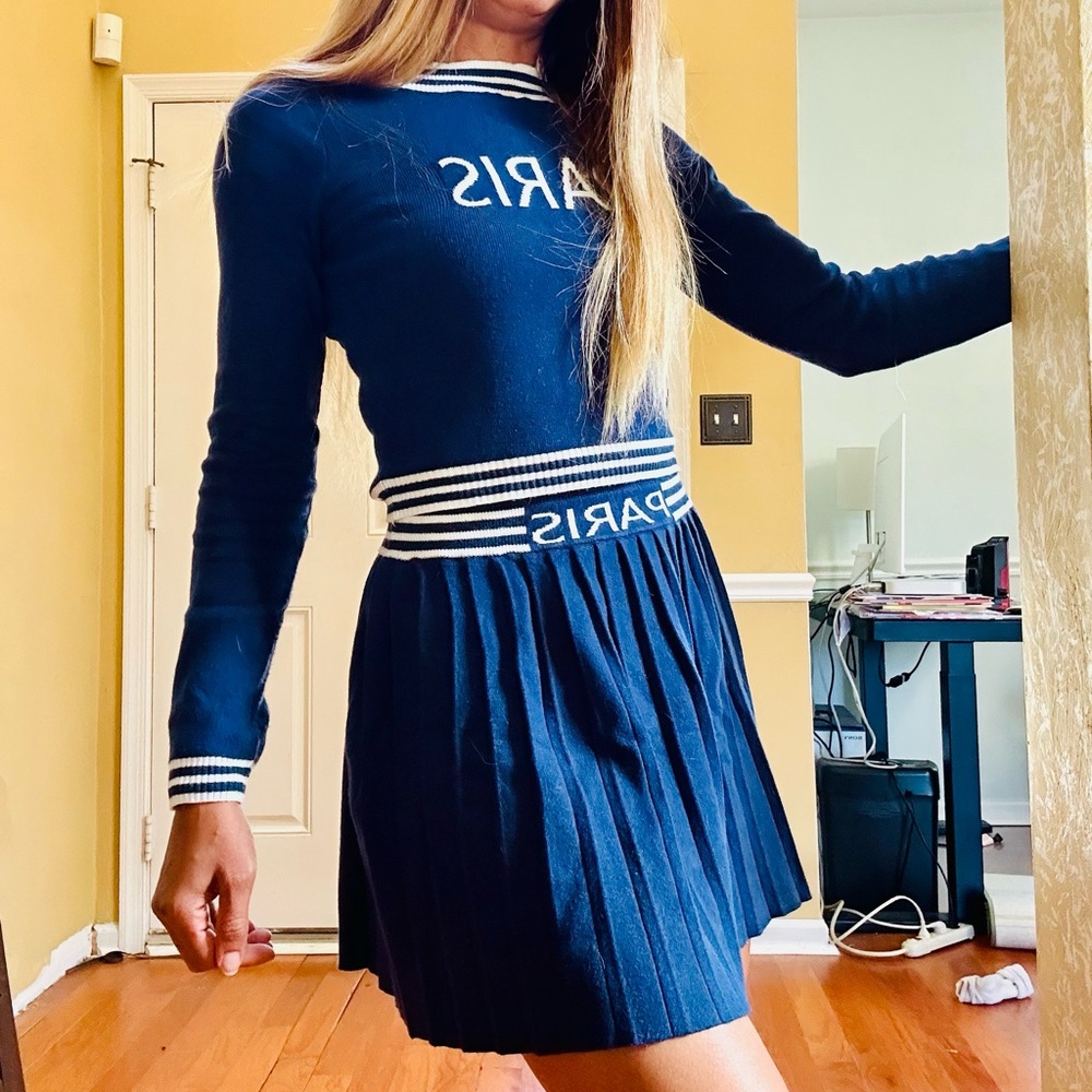 Fashion Nova Paris Love Navy Blue & White Mini Sweater Skirt Set